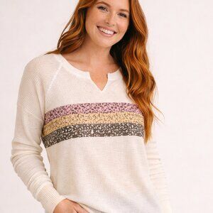 Mystree Waffle Knit Top | Leopard Stripe Detail | Long Sleeve | Light Cream